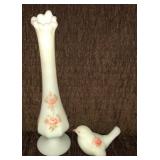 Hand Painted Fenton Satin Bird & Vase Artist Sign