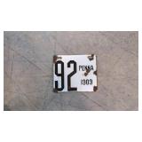 1909 Porcelain Pennsylvania license plate # 92