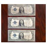 (3) 1928 A Silver Certificate Blue Note $1 bills