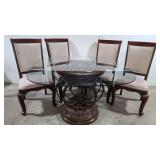 Ornate Iron & wood Glass top table & 4 chairs