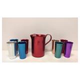 Vintage Anodized Aluminum pitcher & 8 glasses