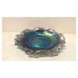 Blue Iridescent Carnival Glass Serving Dish