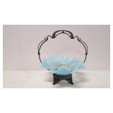 Vintage Blue Opalescent Hobnail Brides Basket