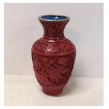 Vintage Red Carved Cinnabar & Blue Vase