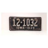 Original 1939 Iowa license plate # 12 - 1032