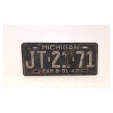 Original 1942 Michigan license plate # JT- 21 - 71