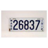 Porcelain 1912 Massachusetts License plate