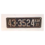 Original 1933 Kansas license plate #43 - 3524