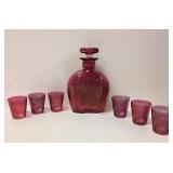 Elegant Cranberry etched 7 pc. decanter set