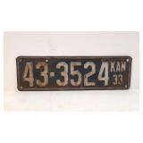 1933 Kansas License Plate