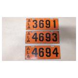 (3) 1913 Porcelain Orange & Black Alabama auto tag