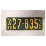 1926 Embossed metal Minnesota license plate