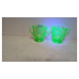 Uranium glass green footed creamer and sugar