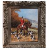 Ornate framed Fox Hunt painting on canvas