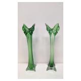 Pair vintage green swung bud vases