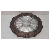 Ornate embossed Silver plated tray wi/ glass inset