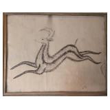 Vintage Folk Art Pen & Ink framed leaping deer