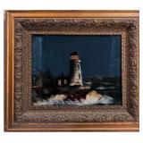 Antique Reverse painting seaside Lighthouse