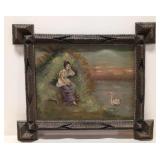 Antique Tramp Art  Framed Oil paint on board