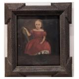 Early Antique Tramp Art Portrait Painting on Canvs