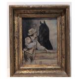 Vintage oil on canvas Man & Horse having a talk