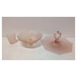 3 pieces pink satin frosted depression glass