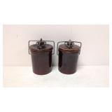two vintage brown stoneware storage crocks