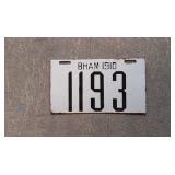 BHam 1910 Porcelain license plate