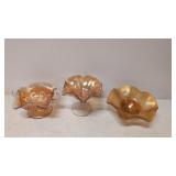 Vintage 3 Marigold Carnival Glass candy dishes