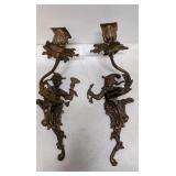 Antique pair brass monumental figural sconces