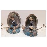 Vintage pair Abalone shell folk art lamps
