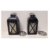 Two hanging metal candle lanterns