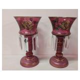 Pair Antique Cranberry Lusters