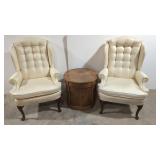 2 Queen Anne wing back chairs & 1 center table