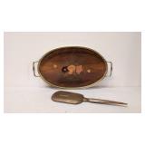 Vintage Floral wood inlay tray & bronze hnd mirror