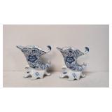 Two Blue & White Cornucopia floral vases