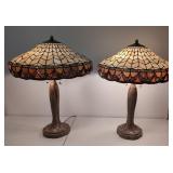Two ornate leaded slag glass lamps / bulls eyes