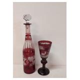 Ruby Red Cut To Clear Decanter and glass