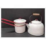 2 piece set white and red enamel ware