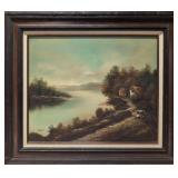 Old River landscape oil on canvas signed Burton