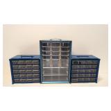 3 metal storage cabinets  -  plastic drawers