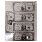 Five 1935 G $1.00 Silver Certificates blue notes
