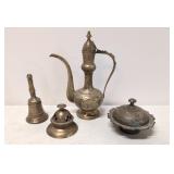 India Brass Teapot, bell, incense burned & bowl