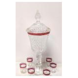 Diamond Point Flashed Compote & 6 Cordials
