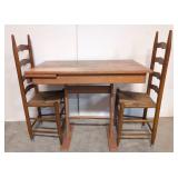 Two Ladder back Chairs & oak trestle table