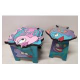 two hand painted whimsical fish wooden stools