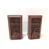Pair solid Walnut laser engraved train bookends