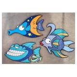3 signed whimsical wood fish - Norris Hall