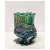 Iridescent Green Carnival glass spooner