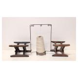 Antique Wire String Holder & 2 wooden yarn reels